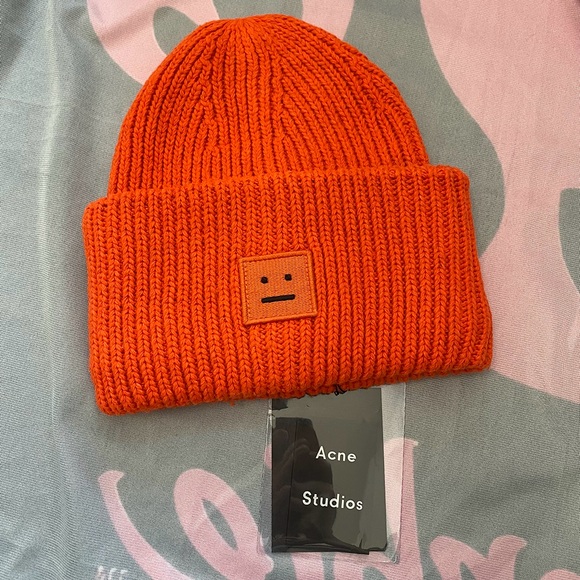 Acne Square Embroidered Face Orange Knitted Hat - Picture 1 of 6